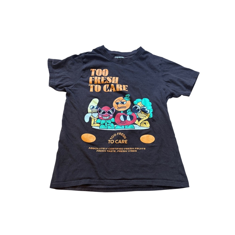 Chemistry Graphic Tee Women Brown Too Fresh To Care Fruit Print SIZE M